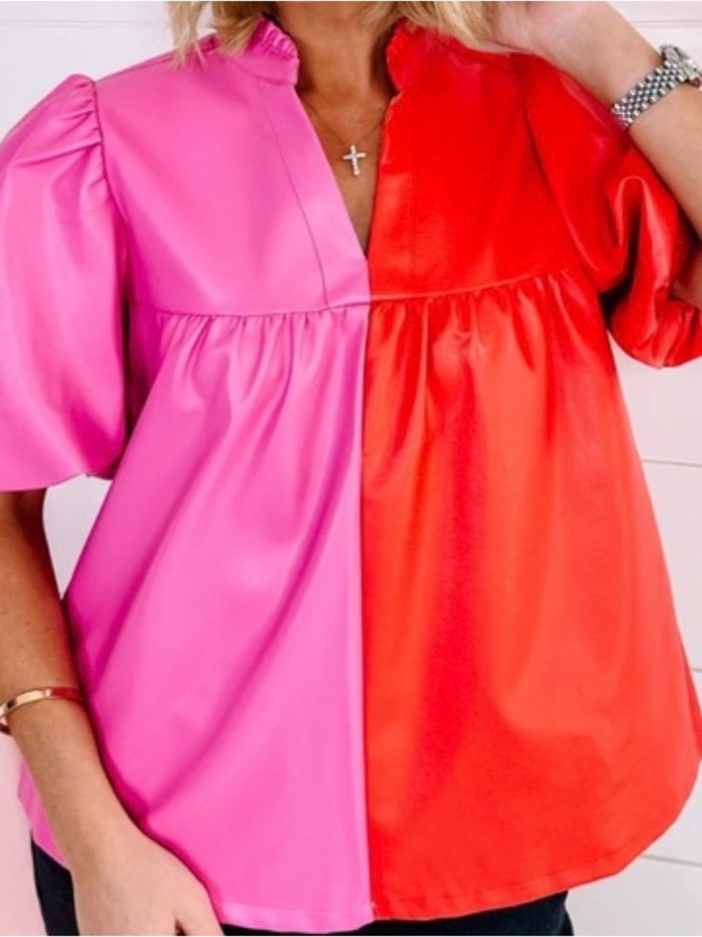 THML Pink and Red Split Puff Sleeve Blouse